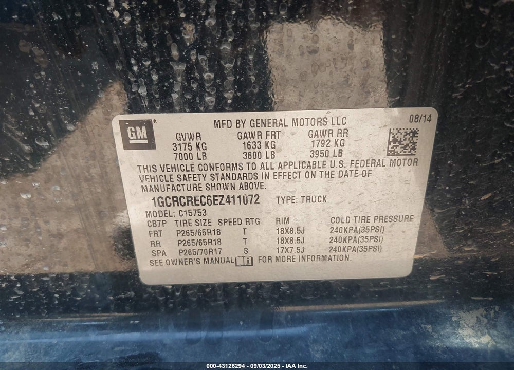2014 CHEVROLET SILVERADO 1500 VIN: 1GCRCREC6EZ411072