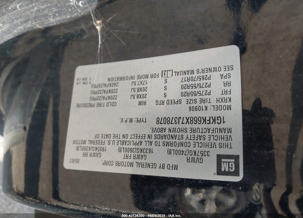 2007 GMC YUKON XL VIN: 1GKFK668X7J378078
