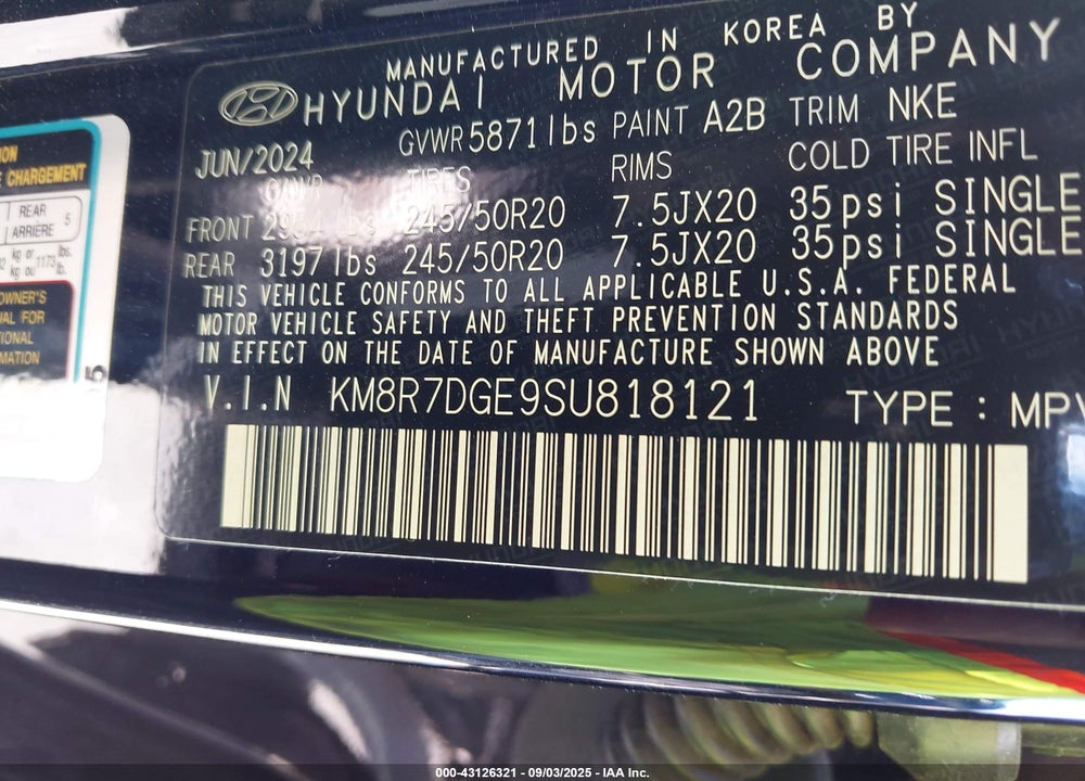 2025 HYUNDAI PALISADE VIN: KM8R7DGE9SU818121
