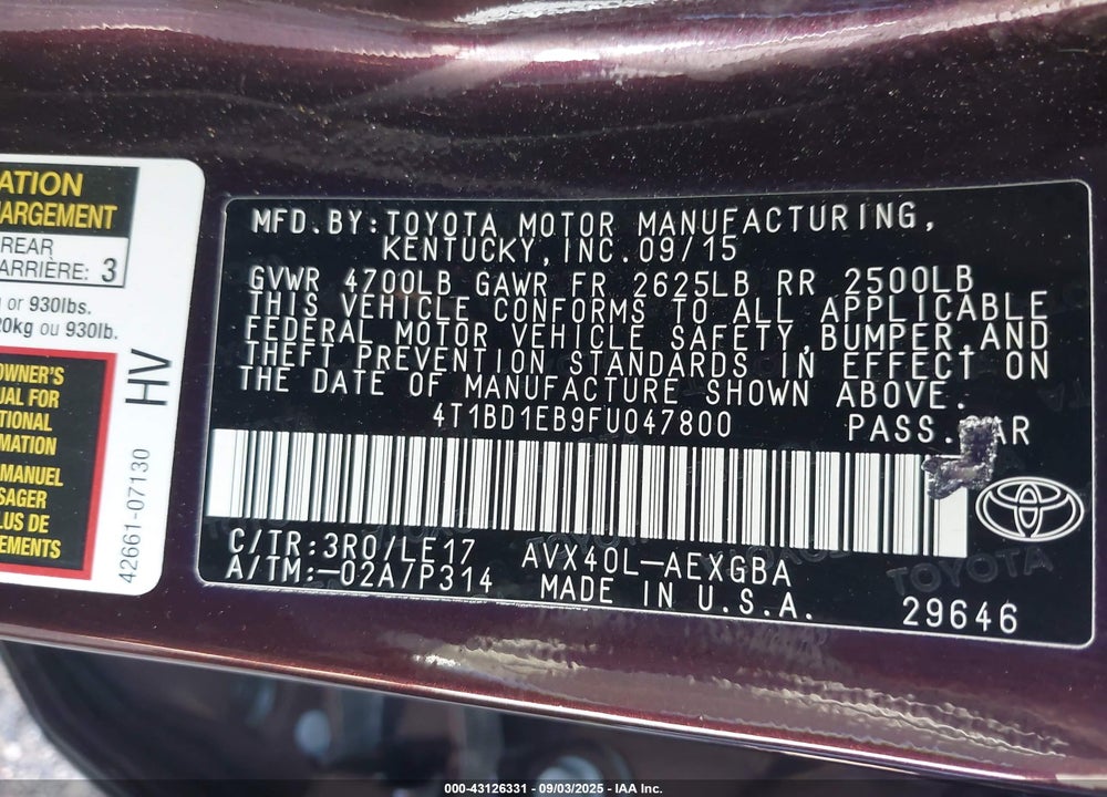 2015 TOYOTA AVALON HYBRID VIN: 4T1BD1EB9FU047800