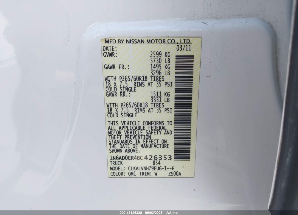 2011 NISSAN FRONTIER VIN: 1N6AD0ER4BC426353