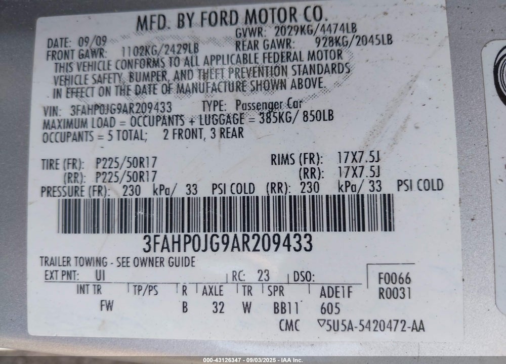 2010 FORD FUSION VIN: 3FAHP0JG9AR209433