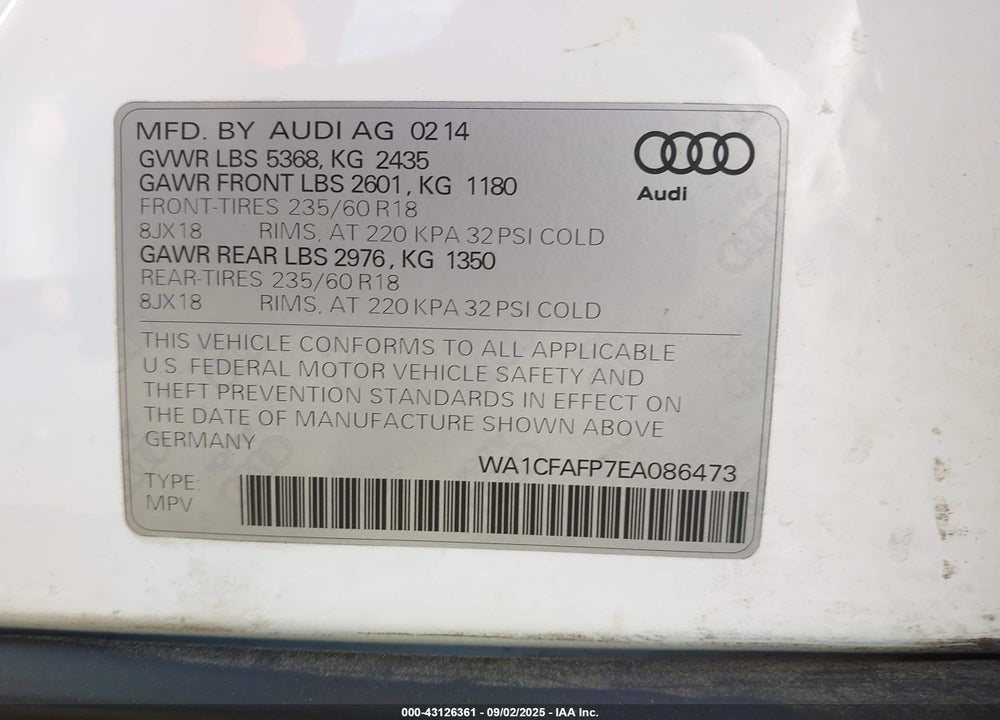 2014 AUDI Q5 2.0T PREMIUM VIN: WA1CFAFP7EA086473