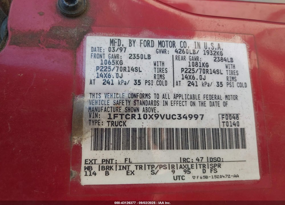 1997 FORD RANGER SPLASH/XL/XLT VIN: 1FTCR10X9VUC34997