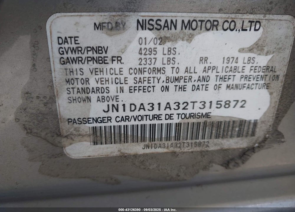 2002 NISSAN MAXIMA GLE VIN: JN1DA31A32T315872