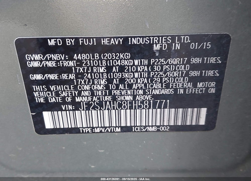 2015 SUBARU FORESTER VIN: JF2SJAHC8FH581771