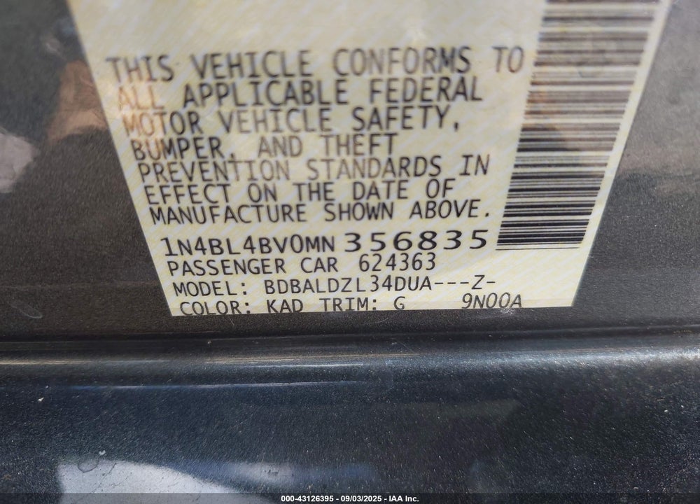 2021 NISSAN ALTIMA VIN: 1N4BL4BV0MN356835
