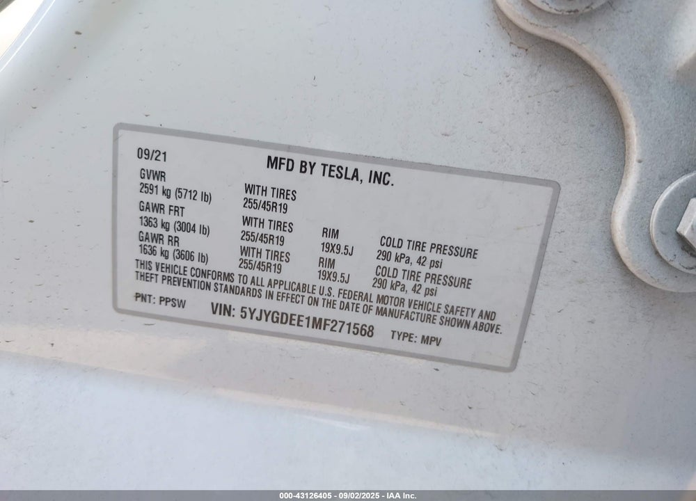 2021 TESLA MODEL Y LONG RANGE DUAL MOTOR ALL-WHEEL DRIVE VIN: 5YJYGDEE1MF271568