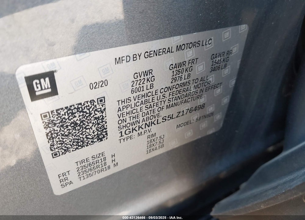 2020 GMC ACADIA FWD SLE VIN: 1GKKNKLS5LZ176498