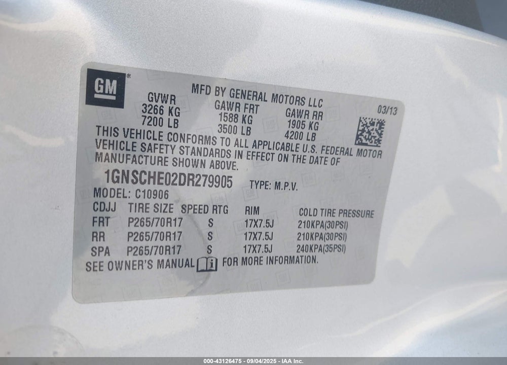 2013 CHEVROLET SUBURBAN 1500 LS VIN: 1GNSCHE02DR279905