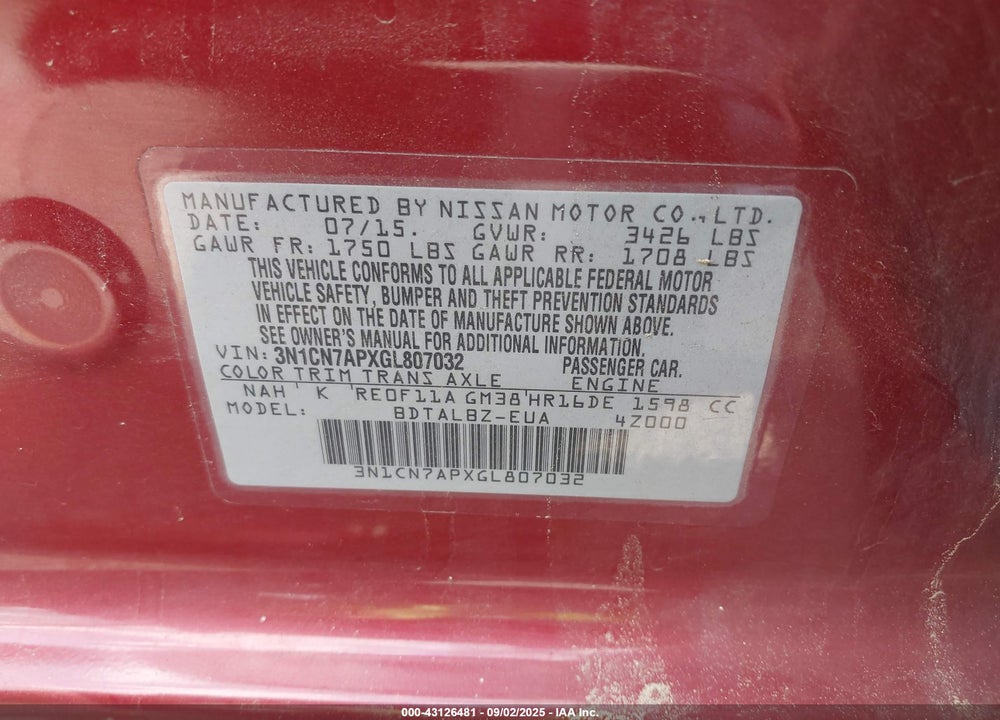 2016 NISSAN VERSA VIN: 3N1CN7APXGL807032