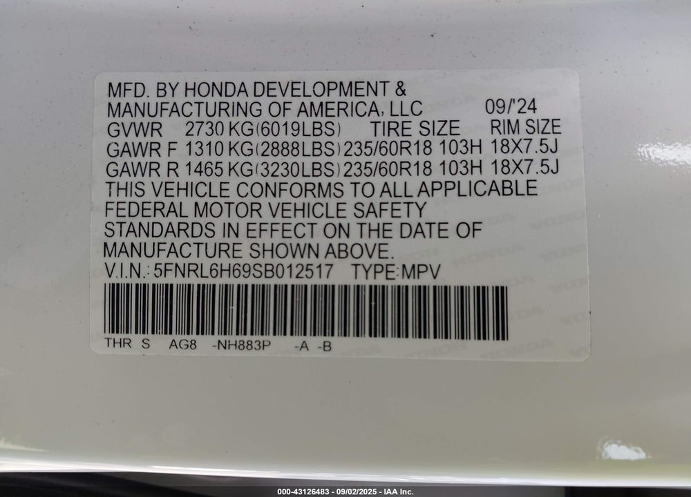 2025 HONDA ODYSSEY VIN: 5FNRL6H69SB012517
