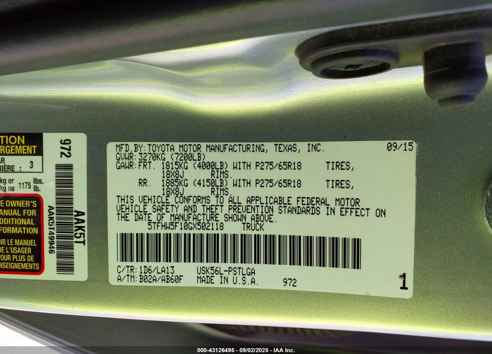 2016 TOYOTA TUNDRA LIMITED 5.7L V8 VIN: 5TFHW5F10GX502118