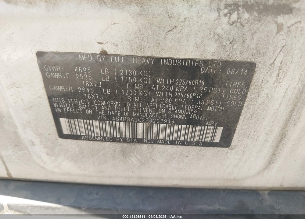2015 SUBARU OUTBACK VIN: 4S4BSAJC2F3222916