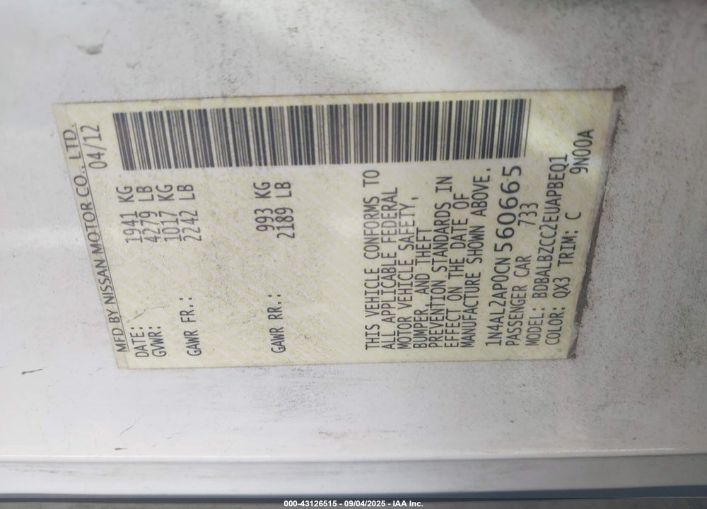 2012 NISSAN ALTIMA VIN: 1N4AL2AP0CN560665