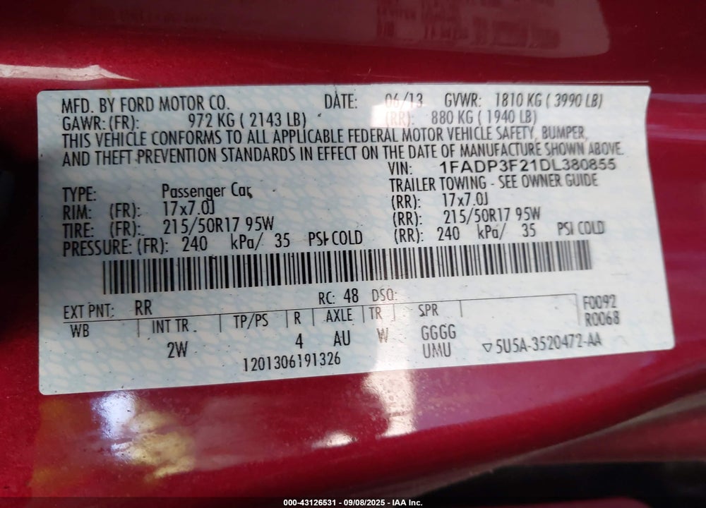 2013 FORD FOCUS VIN: 1FADP3F21DL380855