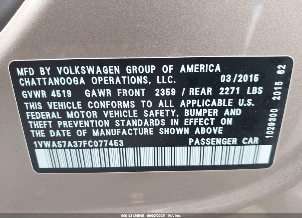 2015 VOLKSWAGEN PASSAT VIN: 1VWAS7A37FC077453