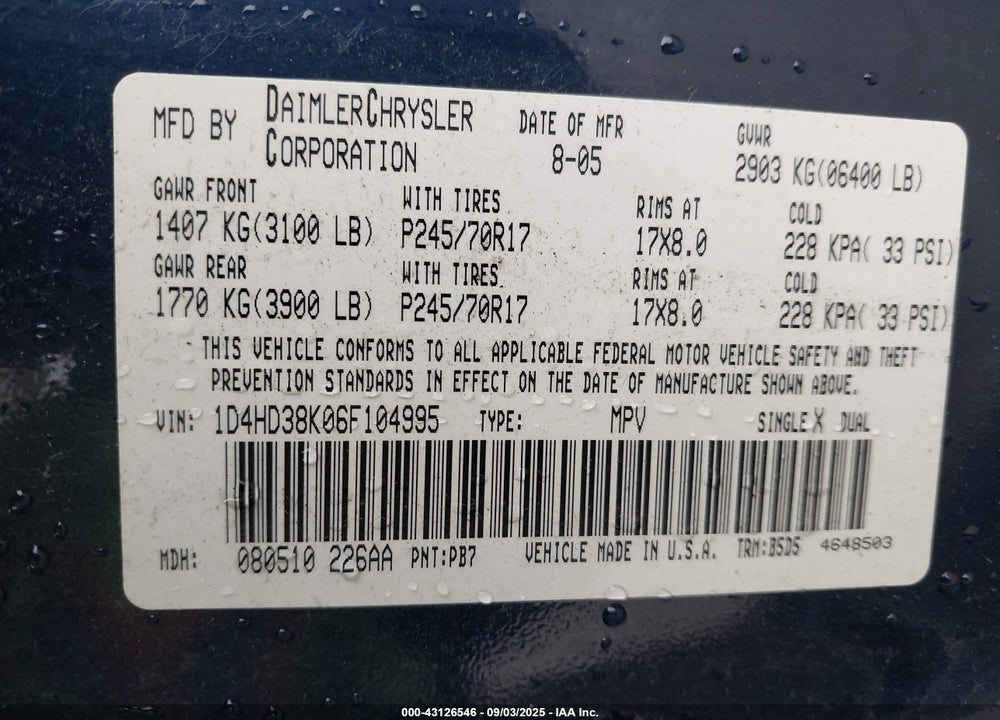 2006 DODGE DURANGO SXT VIN: 1D4HD38K06F104995