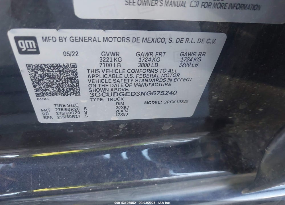 2022 CHEVROLET SILVERADO 1500 VIN: 3GCUDGED3NG575240