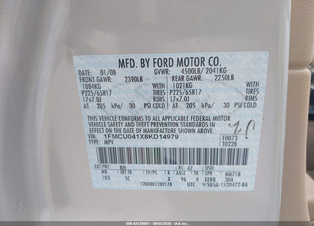 2008 FORD ESCAPE LIMITED VIN: 1FMCU041X8KD14979