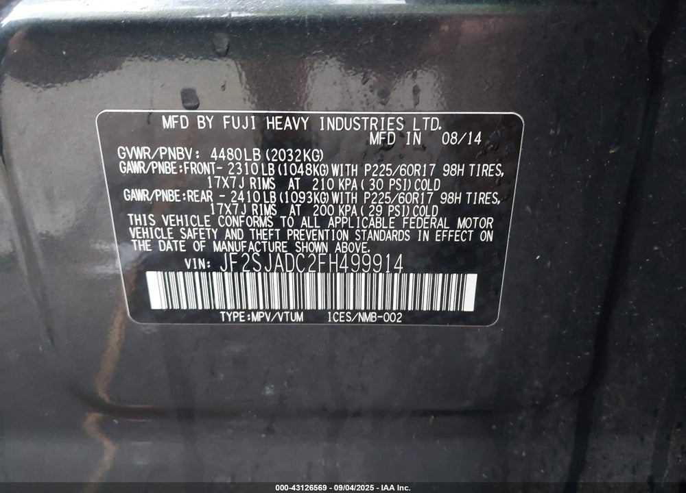 2015 SUBARU FORESTER VIN: JF2SJADC2FH499914