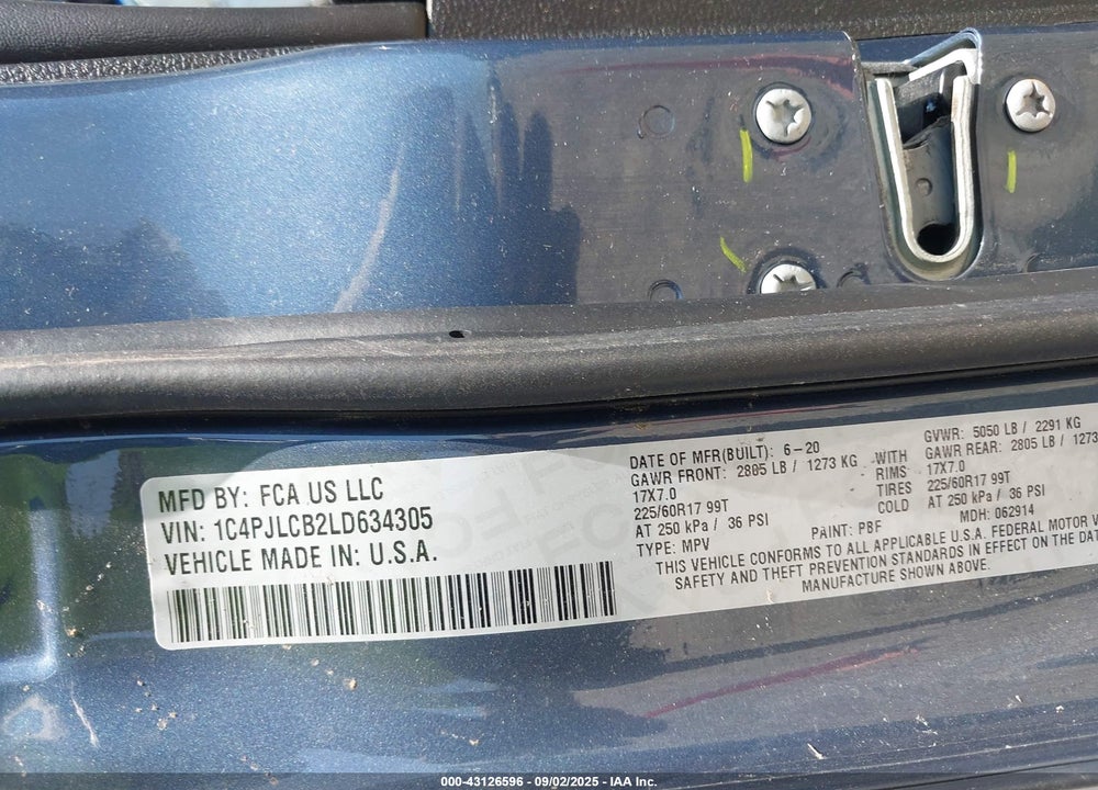 2020 JEEP CHEROKEE VIN: 1C4PJLCB2LD634305