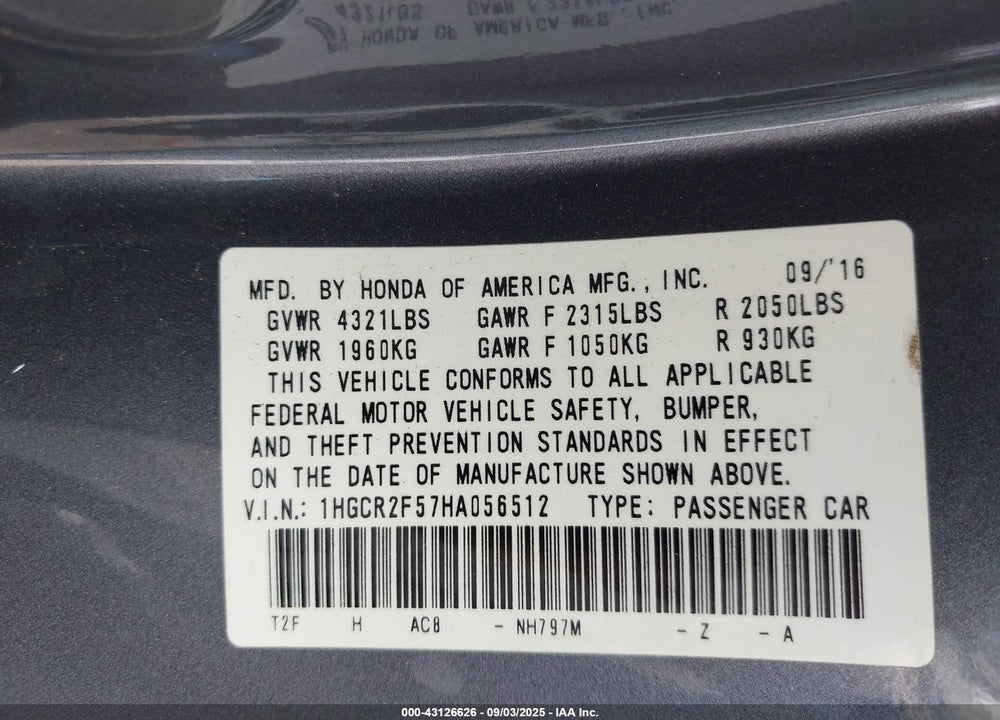 2017 HONDA ACCORD VIN: 1HGCR2F57HA056512