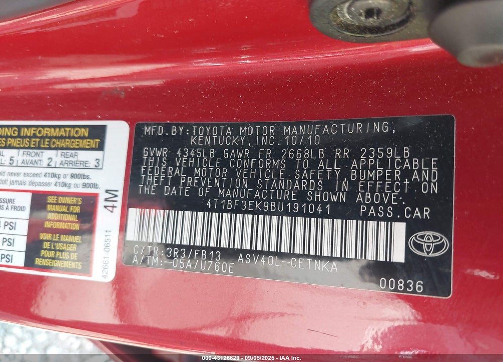2011 TOYOTA CAMRY LE VIN: 4T1BF3EK9BU191041
