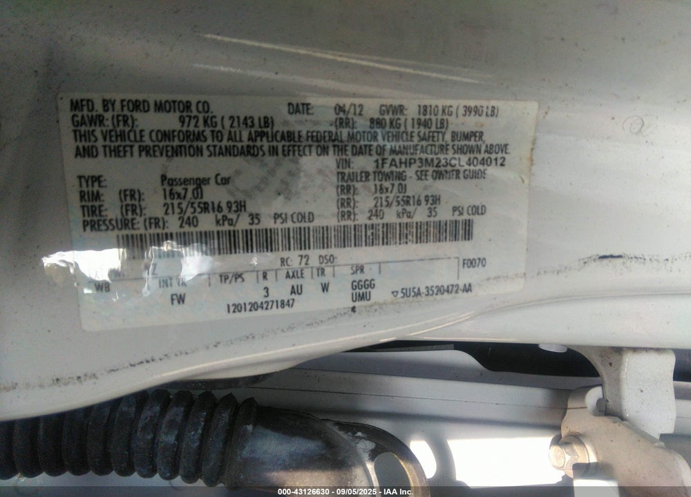 2012 FORD FOCUS VIN: 1FAHP3M23CL404012