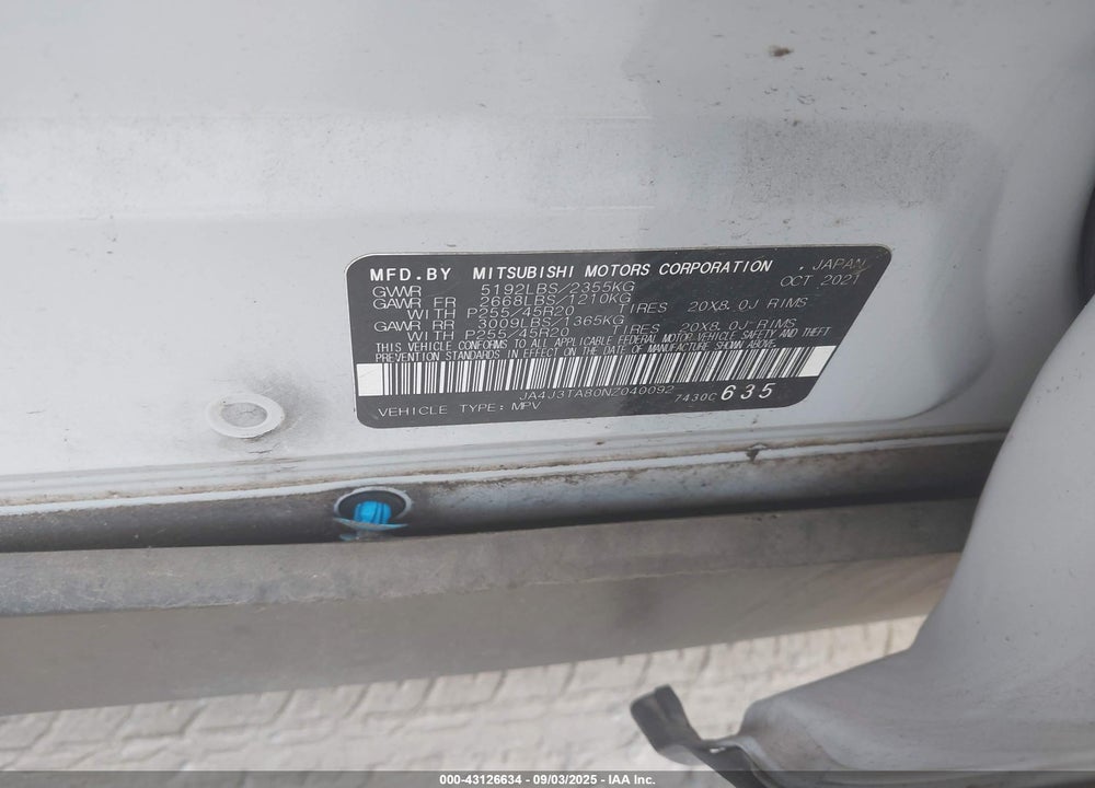2022 MITSUBISHI OUTLANDER VIN: JA4J3TA80NZ040092