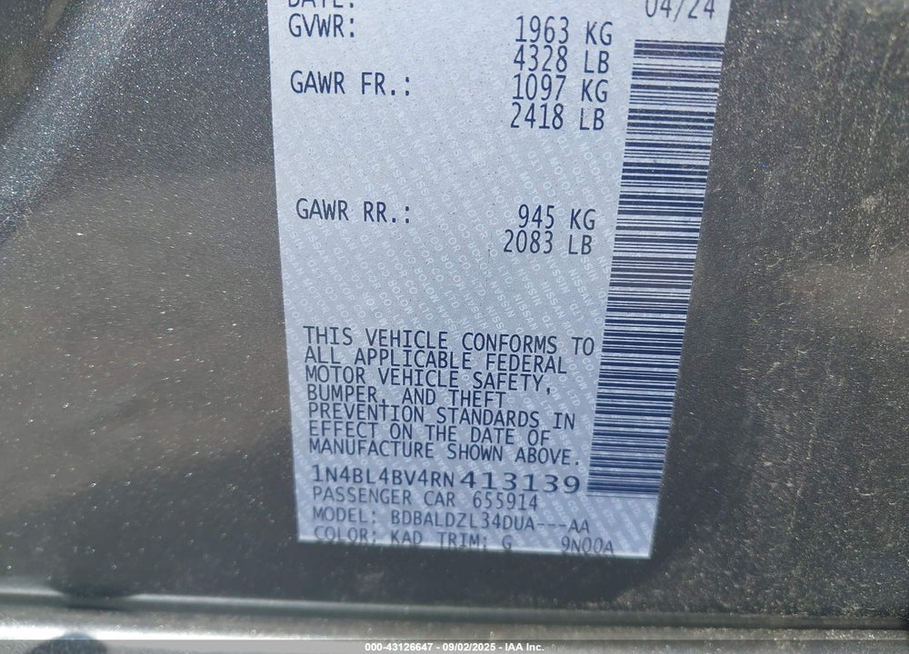 2024 NISSAN ALTIMA S FWD VIN: 1N4BL4BV4RN413139