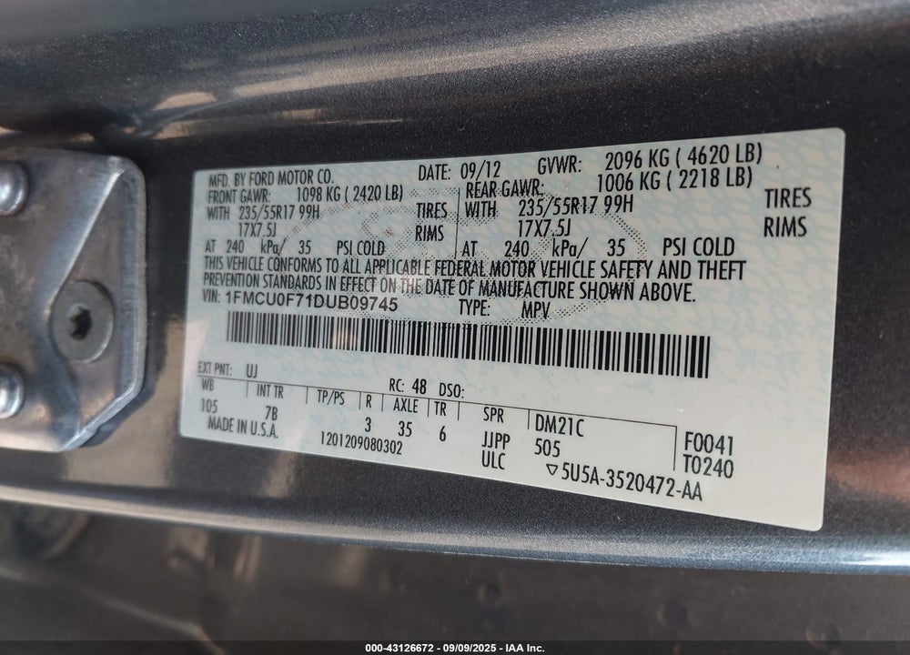 2013 FORD EDGE VIN: 1FMCU0F71DUB09745