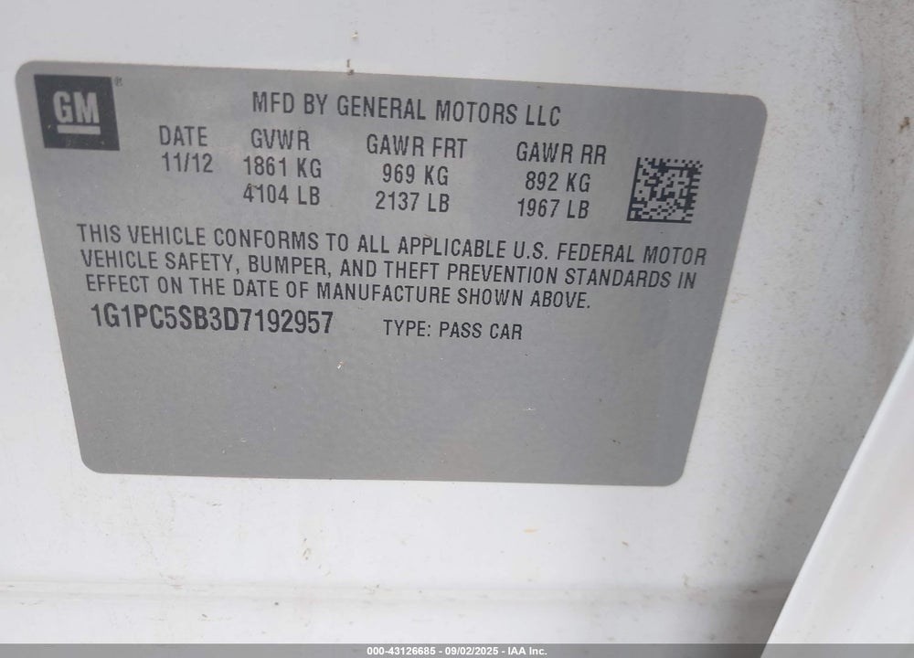 2013 CHEVROLET CRUZE VIN: 1G1PC5SB3D7192957