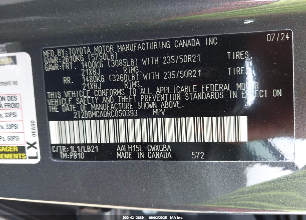 2024 LEXUS RX 350H VIN: 2T2BBMCA0RC050393