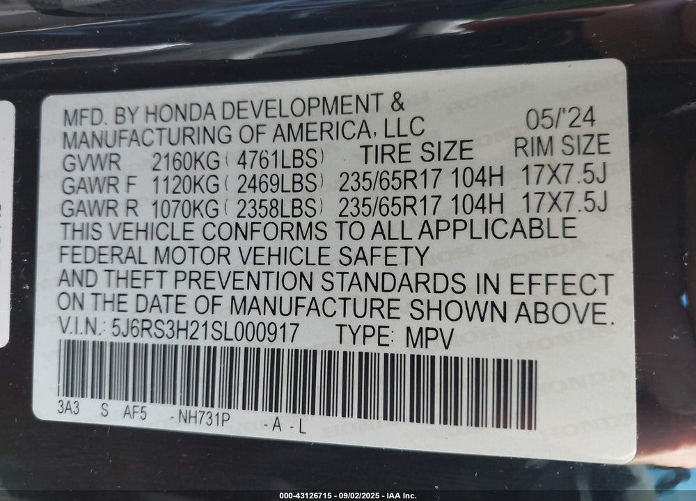 2025 HONDA CR-V LX 2WD VIN: 5J6RS3H21SL000917