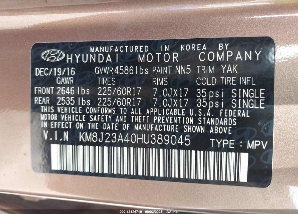 2017 HYUNDAI TUCSON VIN: KM8J23A40HU389045
