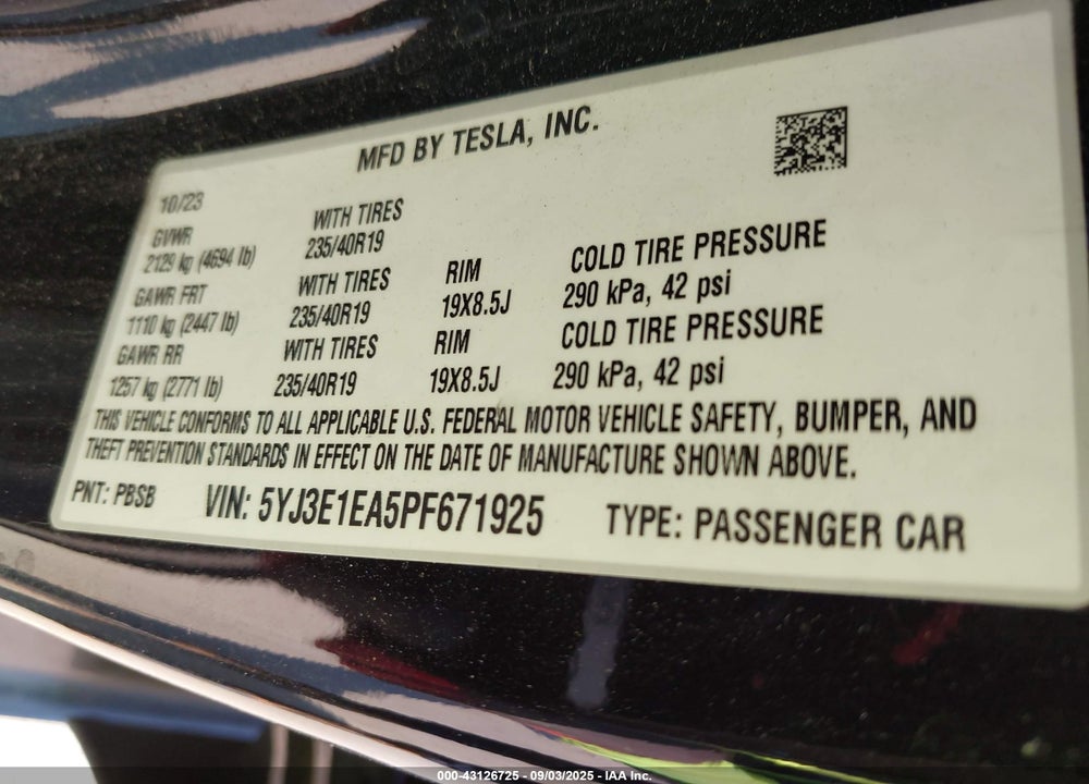 2023 TESLA MODEL 3 REAR-WHEEL DRIVE VIN: 5YJ3E1EA5PF671925