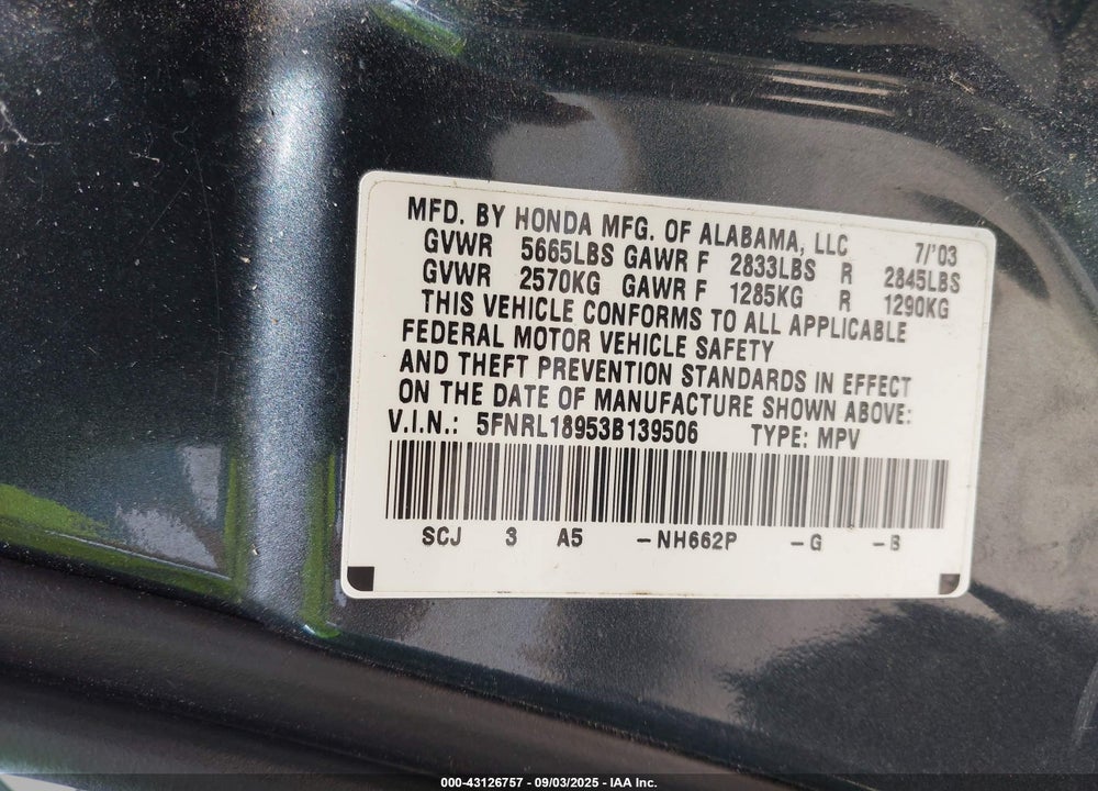 2003 HONDA ODYSSEY EX-L VIN: 5FNRL18953B139506