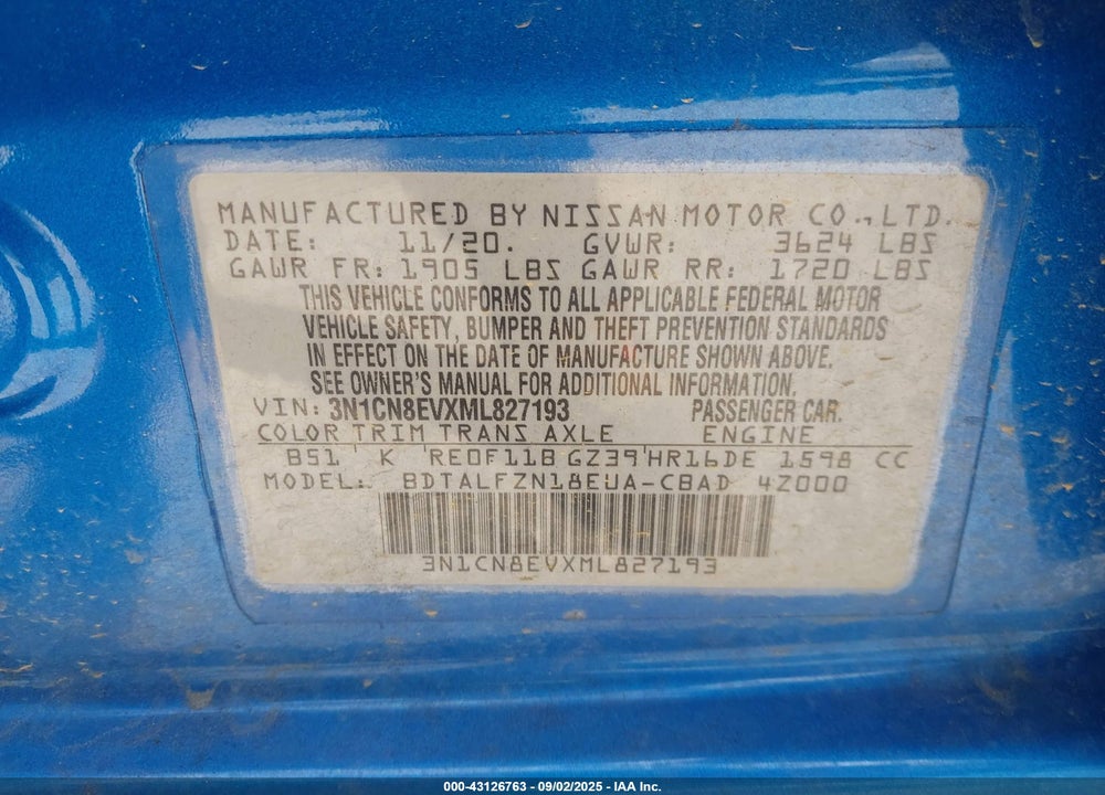 2021 NISSAN VERSA VIN: 3N1CN8EVXML827193