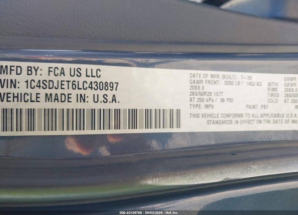 2020 DODGE DURANGO CITADEL AWD VIN: 1C4SDJET6LC430897