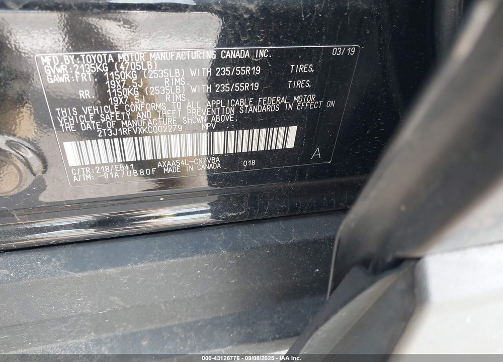 2019 TOYOTA RAV4 VIN: 2T3J1RFVXKC002279