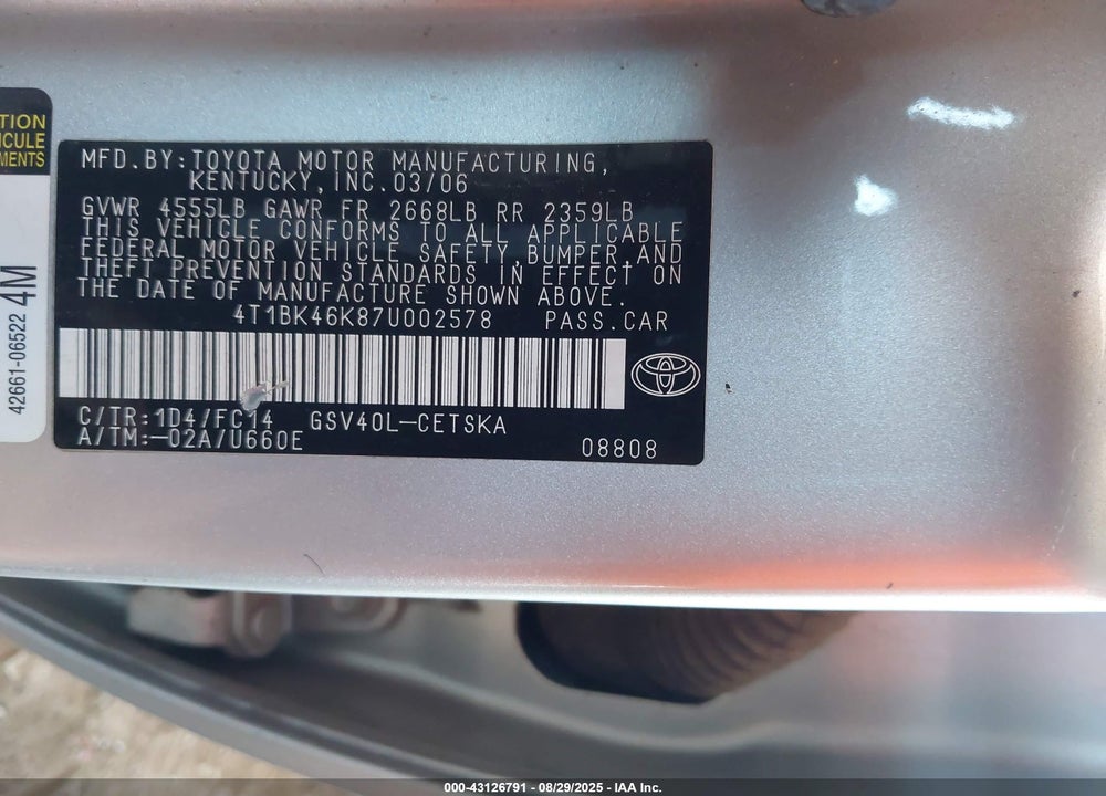 2007 TOYOTA CAMRY VIN: 4T1BK46K87U002578