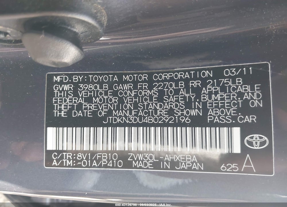 2011 TOYOTA PRIUS VIN: JTDKN3DU4B0292196
