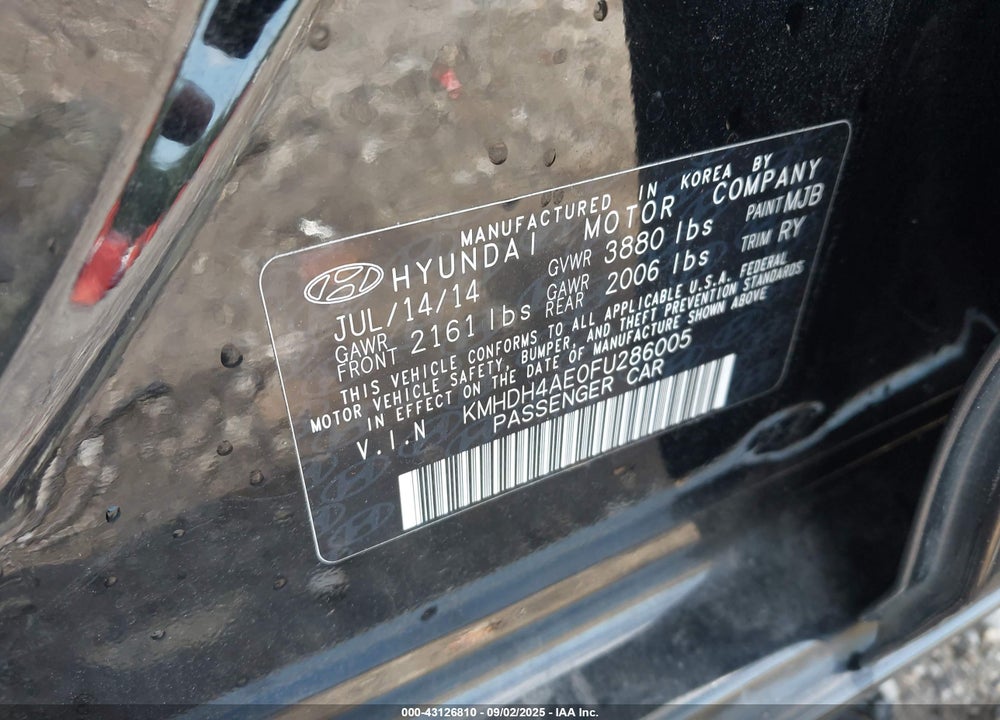 2015 HYUNDAI ELANTRA VIN: KMHDH4AE0FU286005