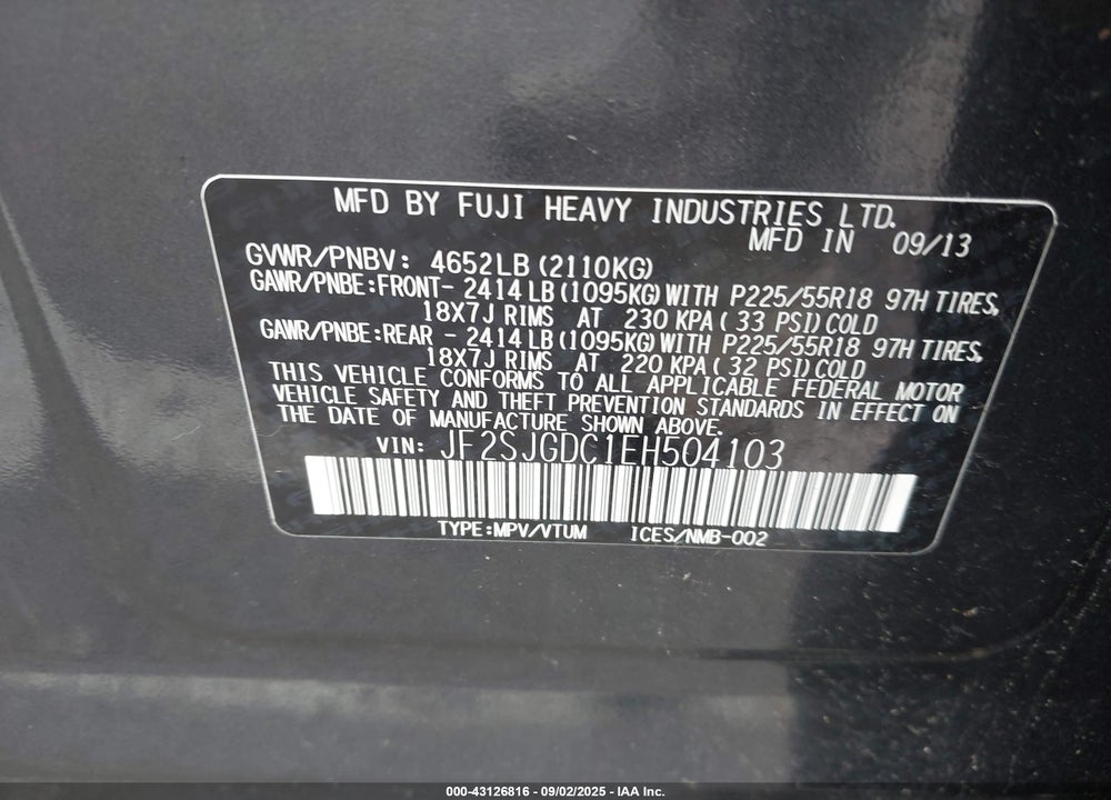 2014 SUBARU FORESTER VIN: JF2SJGDC1EH504103