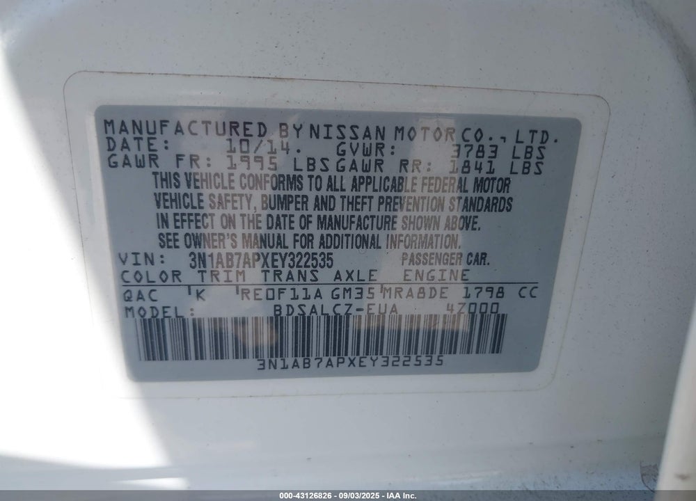 2014 NISSAN SENTRA VIN: 3N1AB7APXEY322535