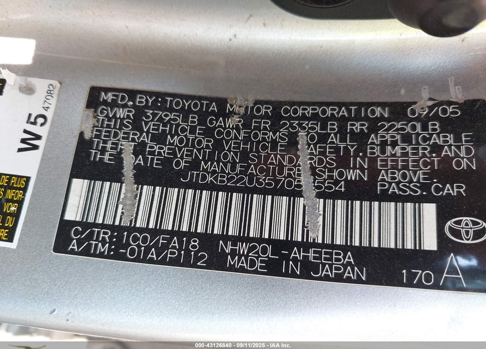 2005 TOYOTA PRIUS VIN: JTDKB22U357051554