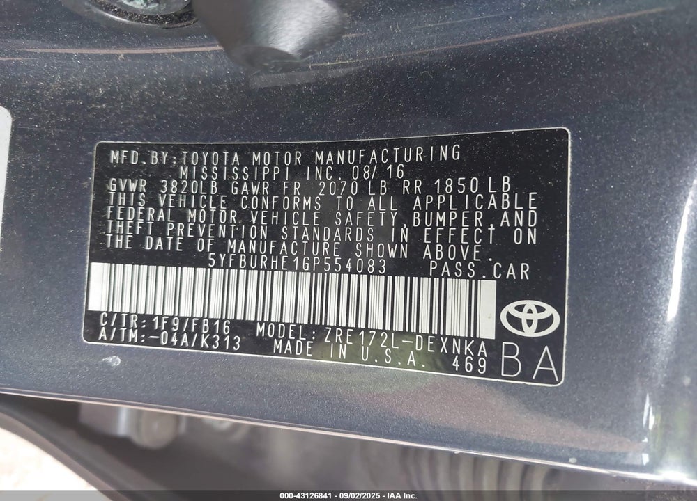 2016 TOYOTA COROLLA VIN: 5YFBURHE1GP554083