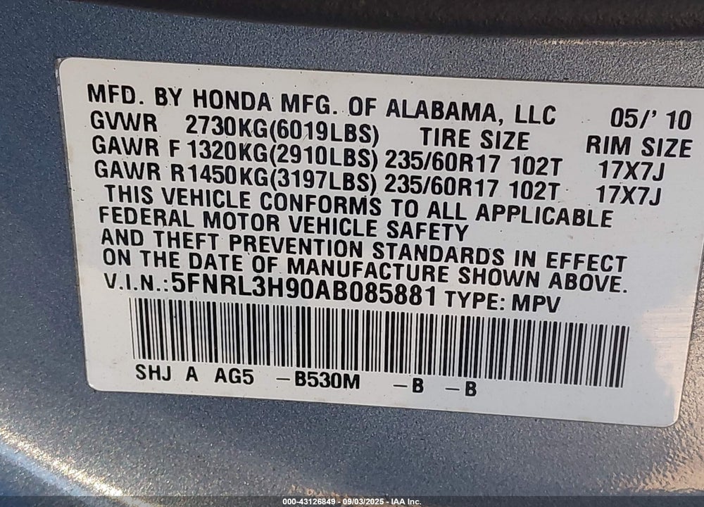 2010 HONDA ODYSSEY VIN: 5FNRL3H90AB085881