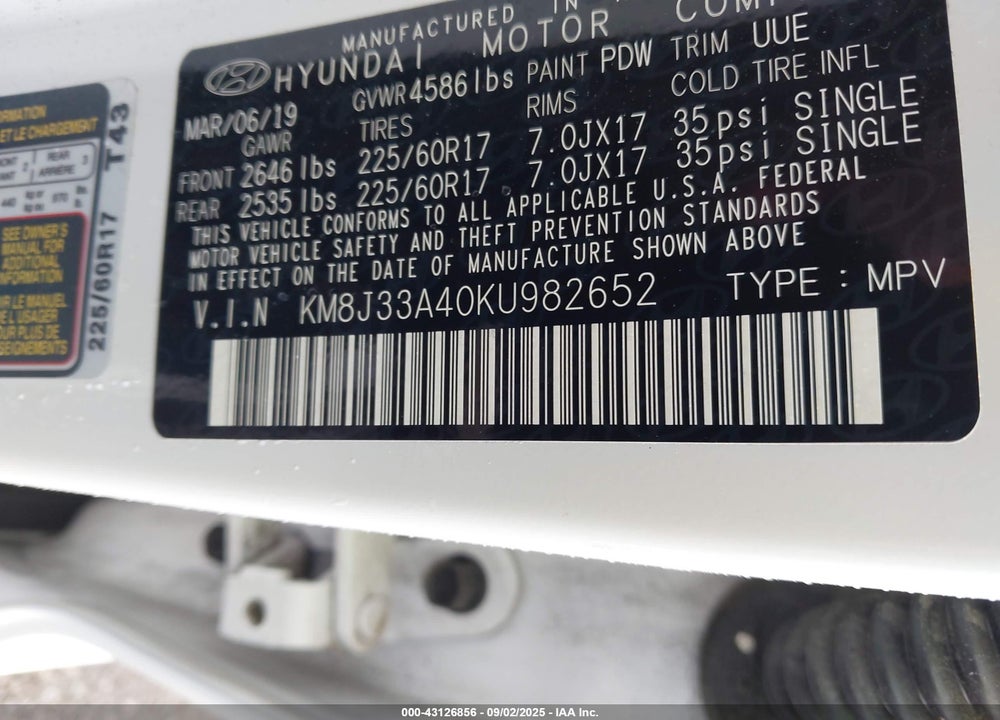 2019 HYUNDAI TUCSON VIN: KM8J33A40KU982652